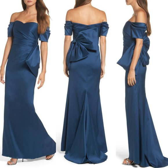 Blue Dress Satin Gown XS BADGLEY MISCHKA 2 Off Shoulder Ruched Formal NWT $895‎ - Picture 4 of 13